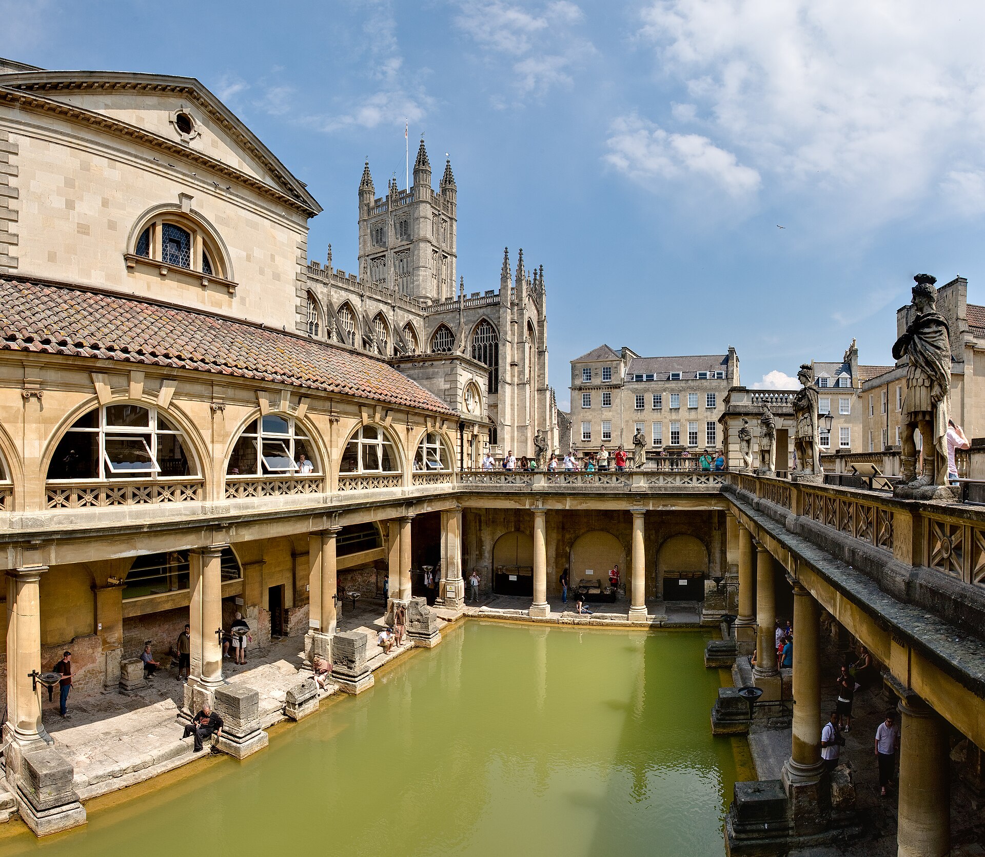 The Roman Baths in Bath with steam rising