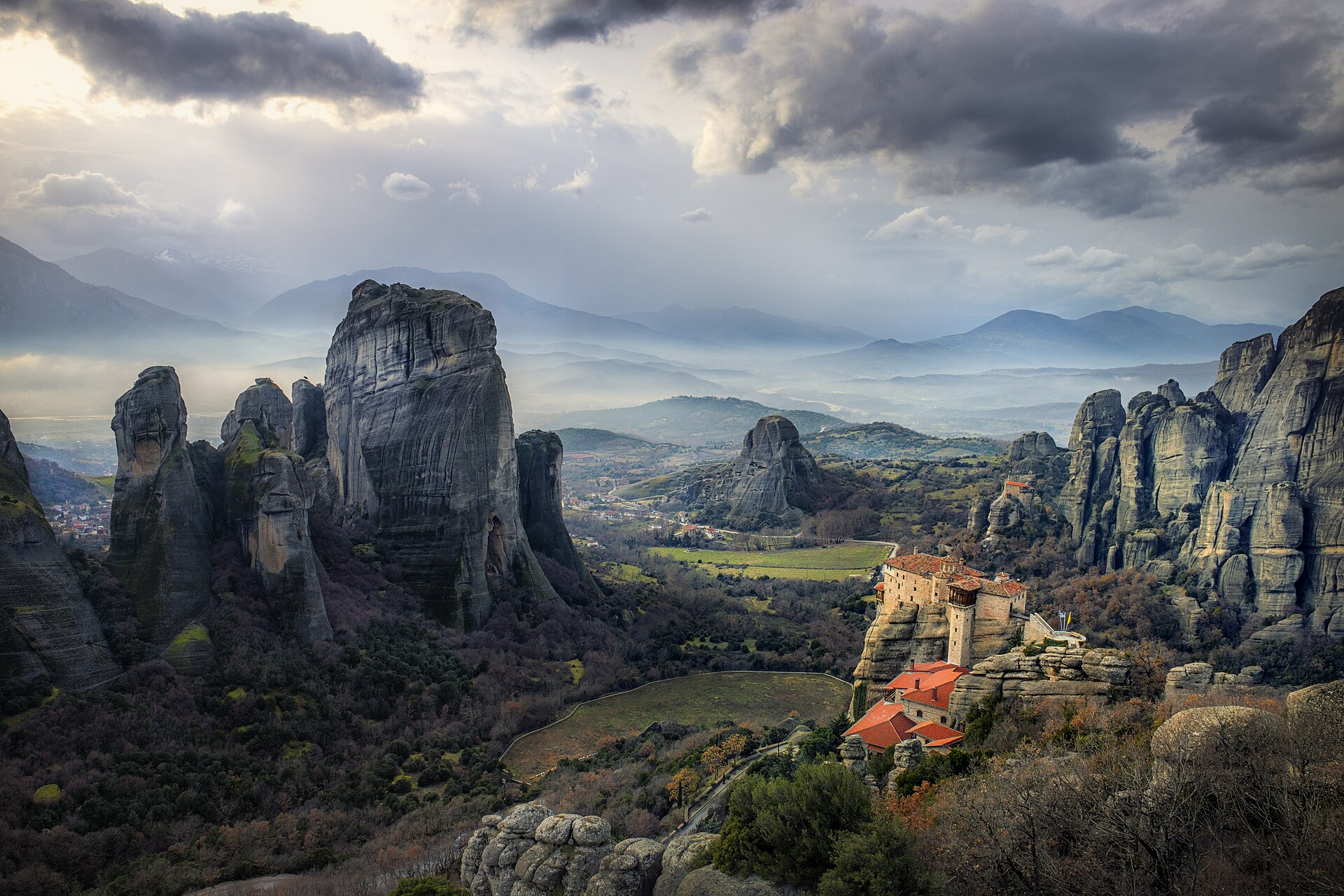 Monasteries perched on towering rock pillars at Meteora
