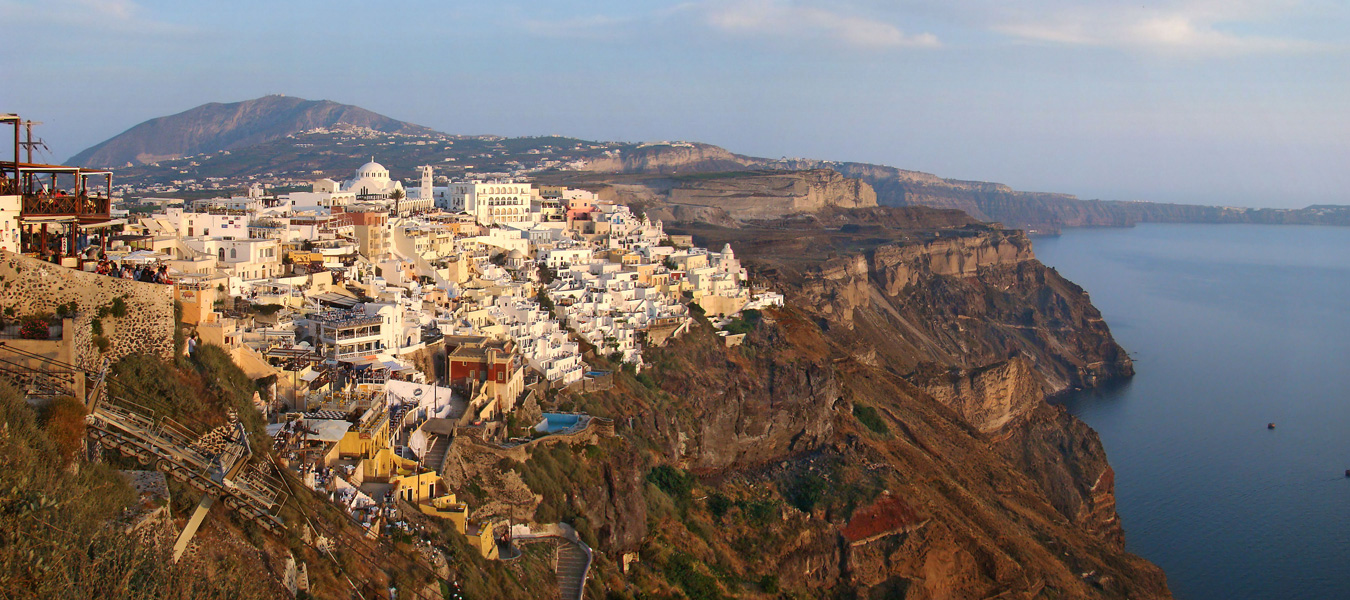 The village of Fira perched on the caldera cliff in Santorini